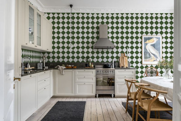 Checkered Tiles, White & Green | Rebel Walls