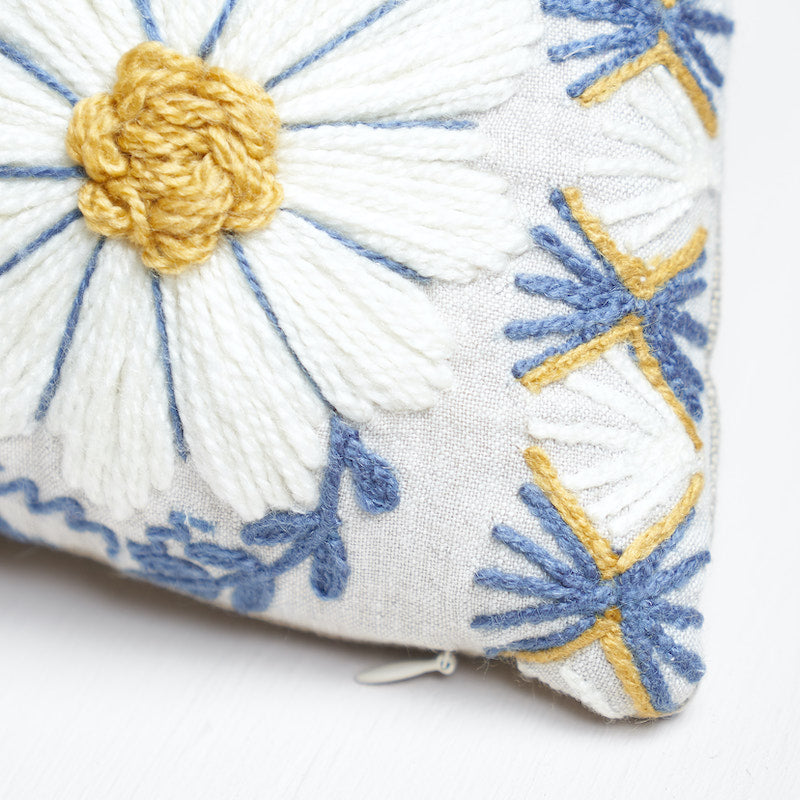 MARGUERITE EMBROIDERY PILLOW Blue&Ochre