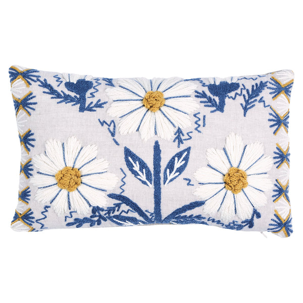 Marguerite Embroidery Pillow Blue&Ochre | Schumacher Pillows
