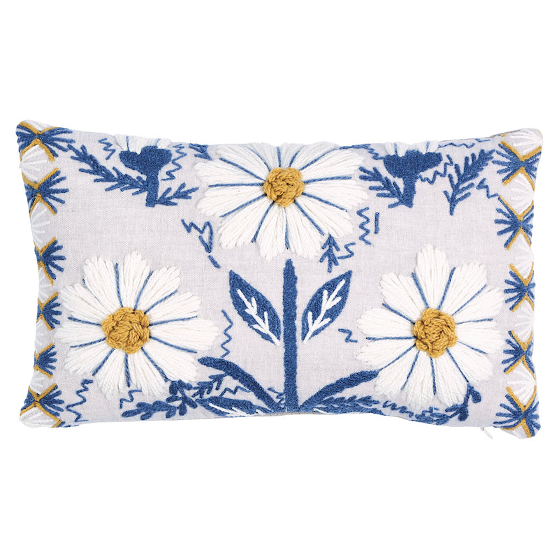 MARGUERITE EMBROIDERY PILLOW Blue&Ochre