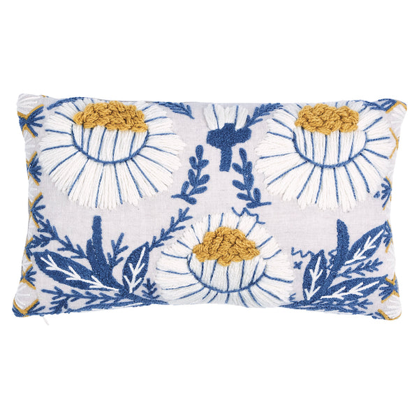 Marguerite Embroidery Pillow Blue&Ochre | Schumacher Pillows