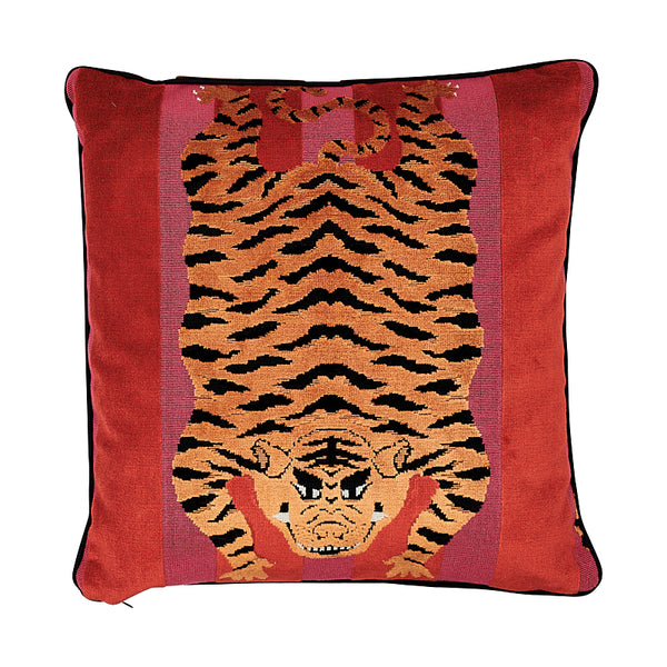 Jokhang Tiger Velvet 18" Pillow Red&Pink | Schumacher Pillows