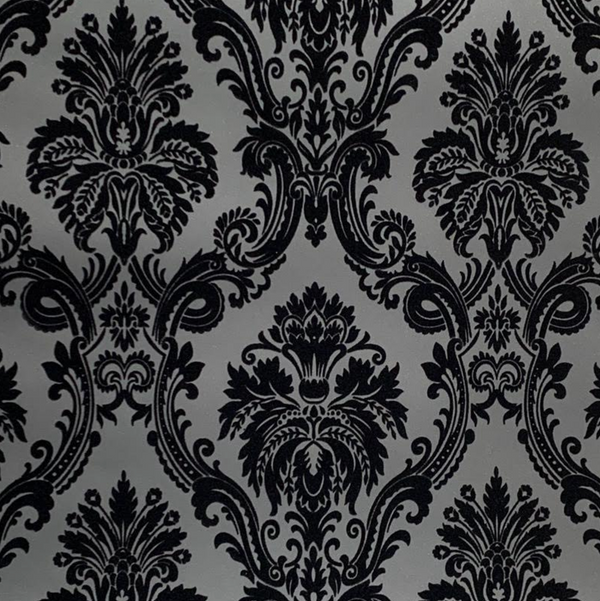 Victory Damask Flocked Velvet - Black on Gray