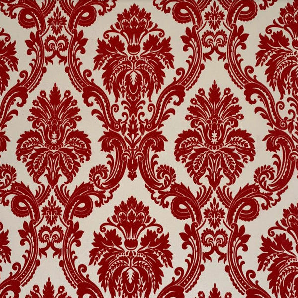 Victory Damask Flocked Velvet - Red on Cream