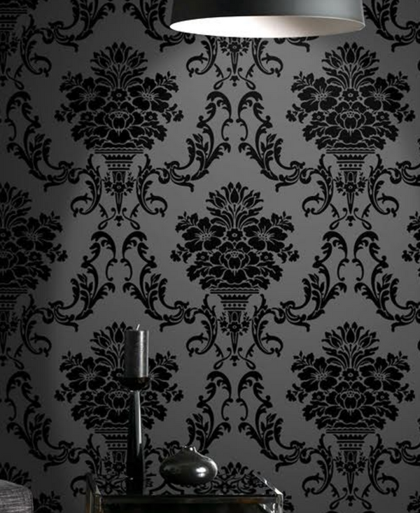 Bouquet Damask Flocked Velvet - Black on Gray