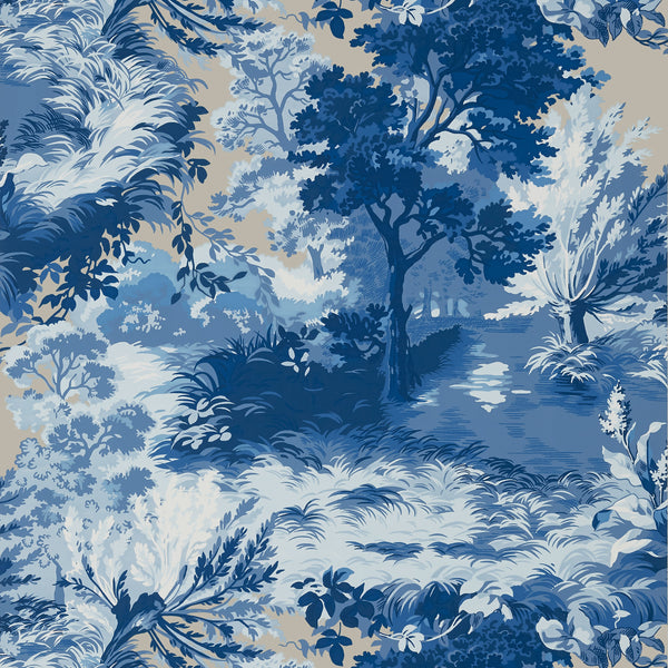 Lincoln Toile Blue and Flax - Blue and Flax Wallcovering | Thibaut