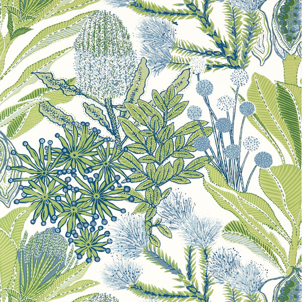 Protea Green and Blue - Green and Blue Wallcovering | Thibaut