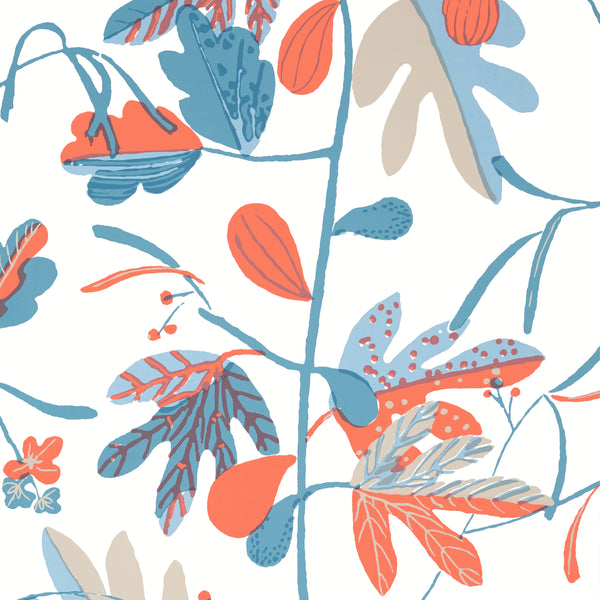 Matisse Leaf French Blue and Coral - French Blue and Coral Wallcovering | Thibaut