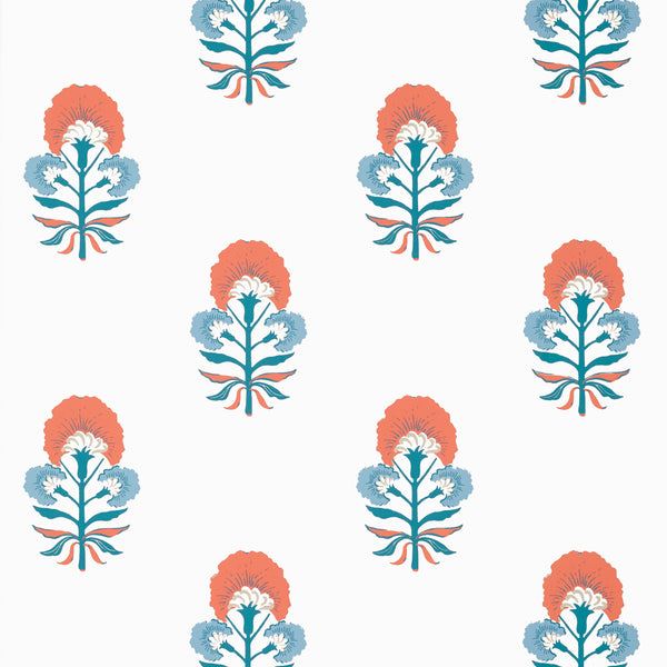 Tybee Bud French Blue and Coral - French Blue and Coral Wallcovering | Thibaut