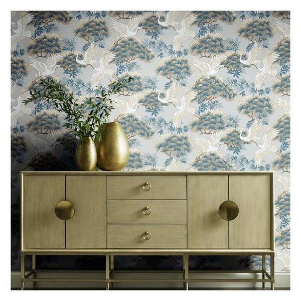 Heron and Sprig - Light Blue - Designer Wallcoverings and Fabrics