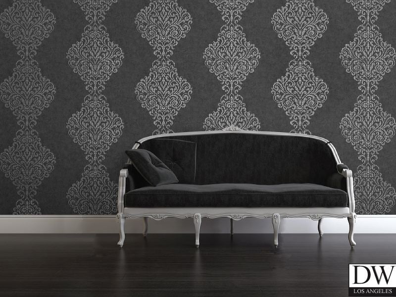 Lux Charcoal Foil Damask Wallpaper