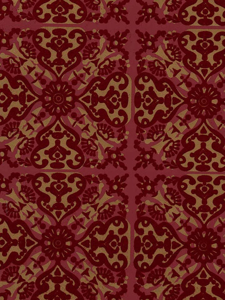Paola's Spanish Tile Flock velvet Wallpaper - Burgundy Red/Gold