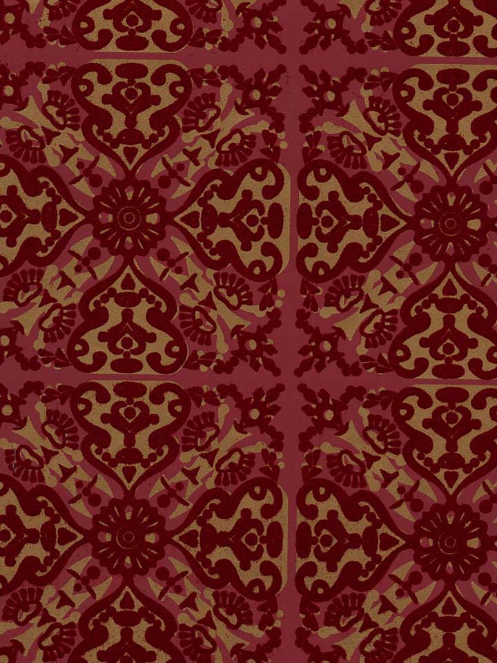 Paola's Spanish Tile Flock velvet Wallpaper - Burgundy Red/Gold