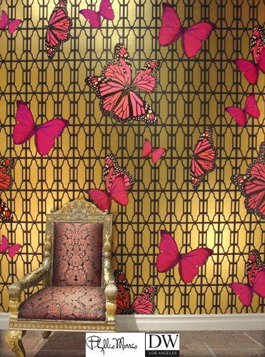 Beverly Butterflies on Grille Lattice - Magenta Purple on Gold