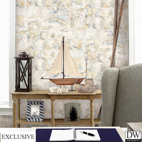 Norwood Blue Map Wallpaper (Room Setting)