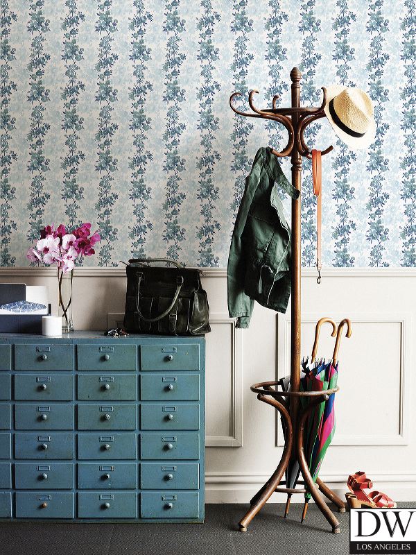 Charlise Blue Floral Stripe Wallpaper