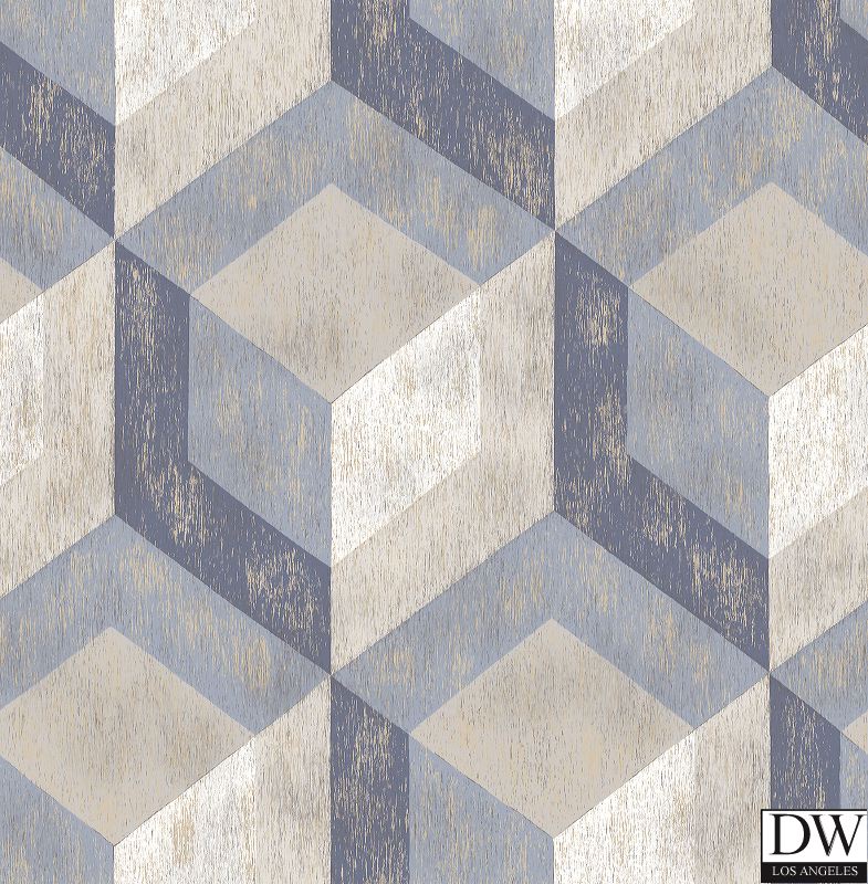 Rustic Wood Tile Blue Geometric Wallpaper