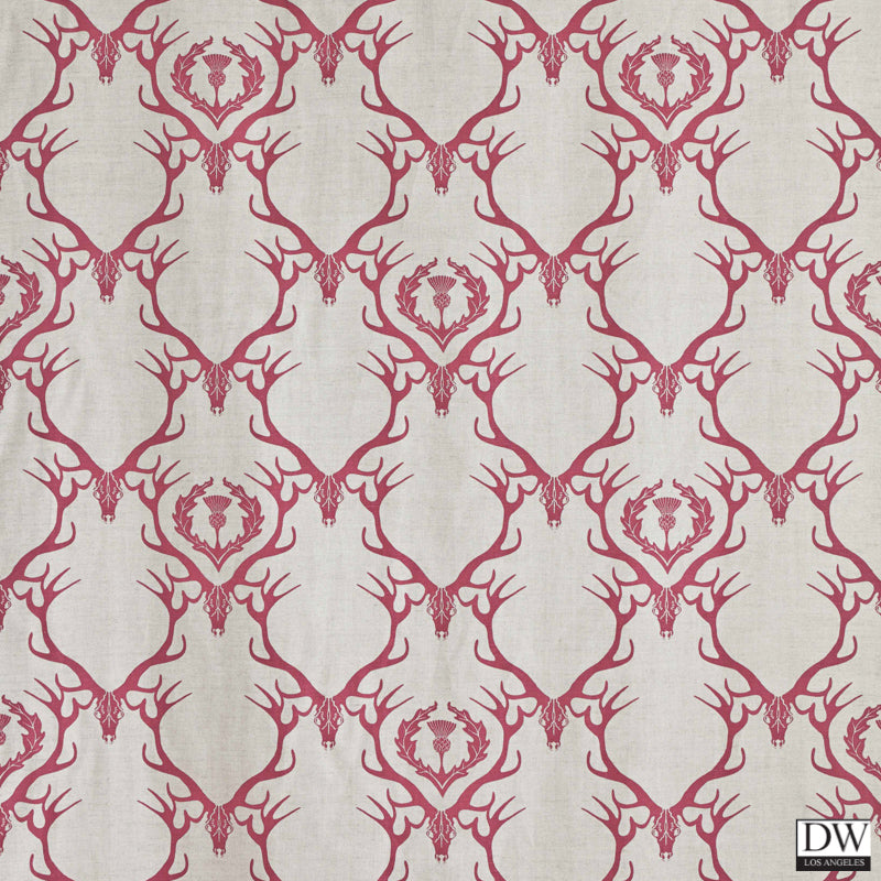 Deer Damask Fabric - Claret Red