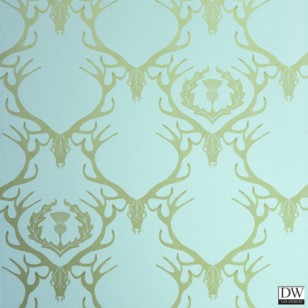 Deer Damask - Duck Egg Blue Wallpaper