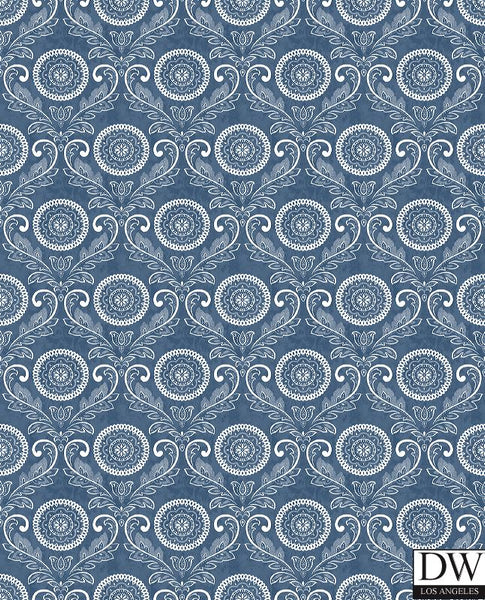 Jubilee Blue Medallion Damask Wallpaper