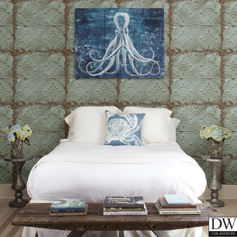 Tin Ceiling Teal Distressed Tiles Wallpaper