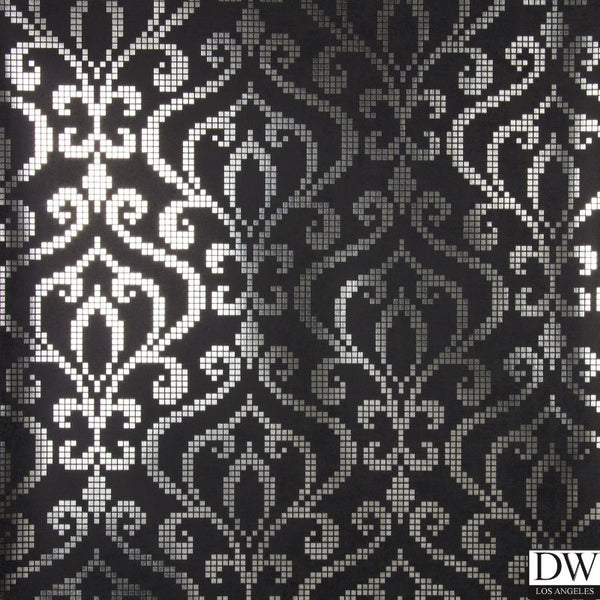 Venus Charcoal Foil Mini Damask Wallpaper