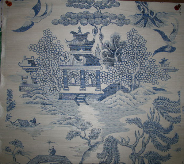 Shanghai Chinoiserie Grasscoth Print - Blue on Natural Cream