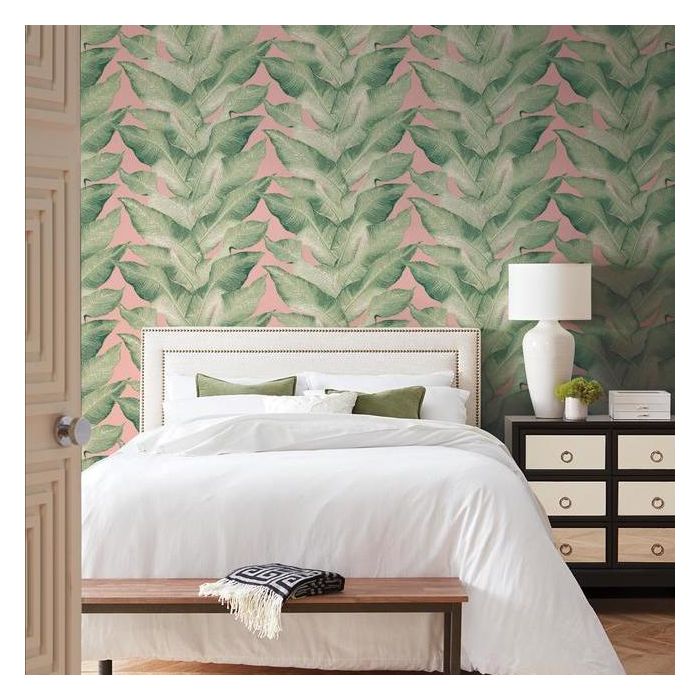 Stripe Palm Tropical Wallpaper - Coral Pink Sage - Designer Wallcoverings and Fabrics